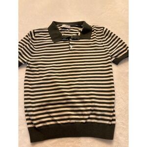 Stitch Note Vintage Mens Large Olive Green Striped Knit Polo Shirt Short Sleeve